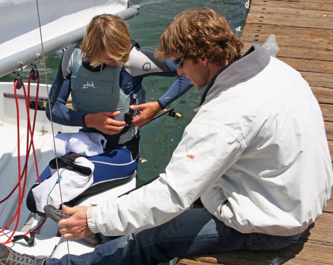 Point Loma coach Steve Hunt gives encouragement and advice between races - National High School Doublehanded Championship 2007 © Rich Roberts http://www.UnderTheSunPhotos.com